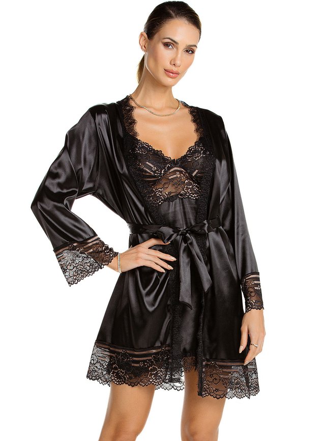 robe curto de cetim com detalhe em renda preto com bronze1