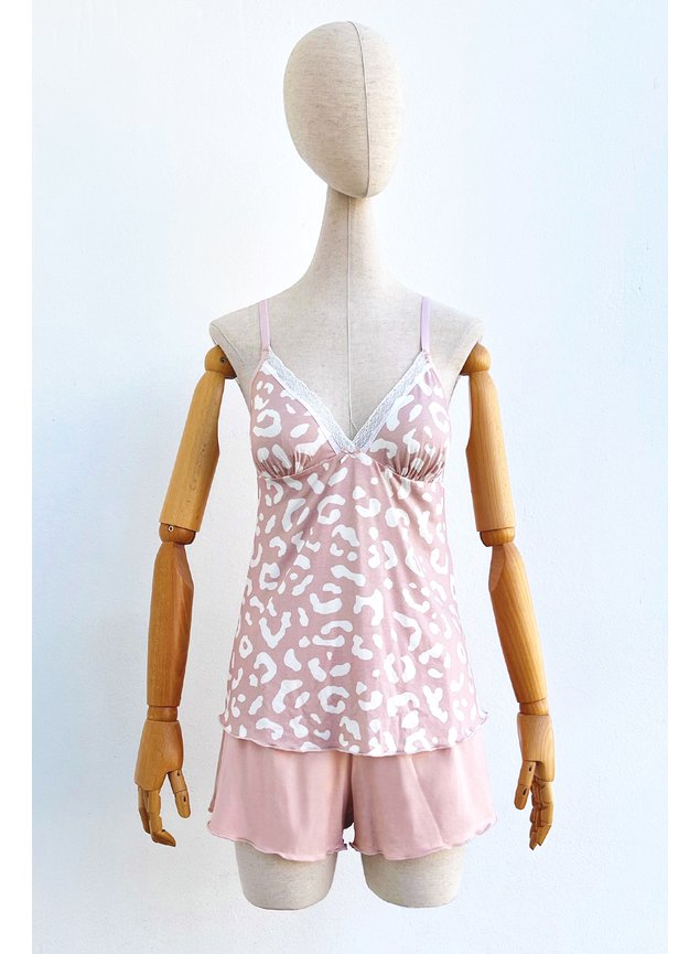 pijama short doll de viscose com detalhe em renda oncinha rose1