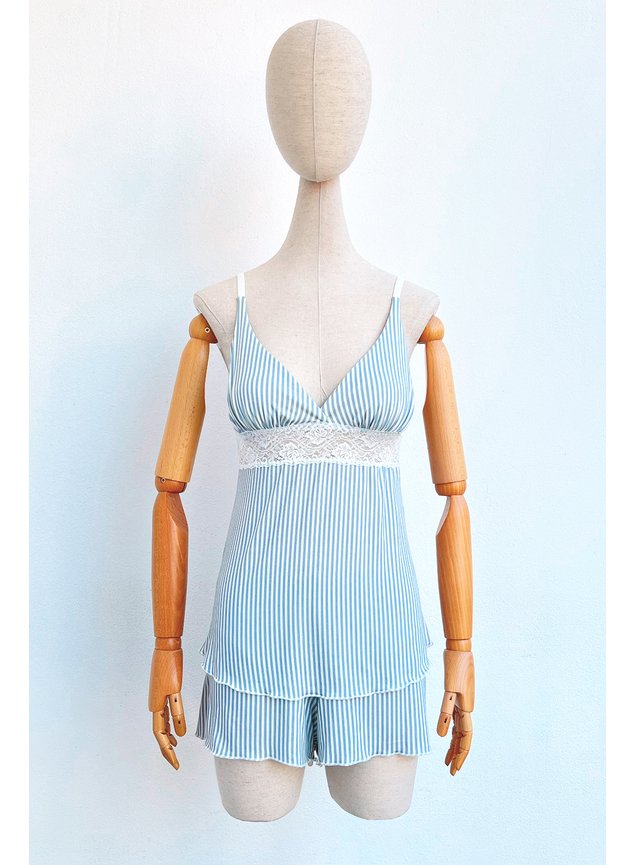 pijama short doll de viscose com detalhe em renda listrado azul1